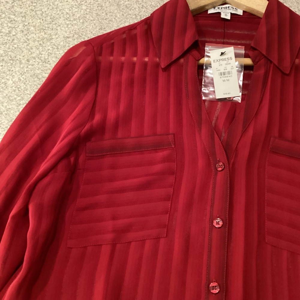 Express Red Sheer Striped Portofino Top - Picture 7 of 8